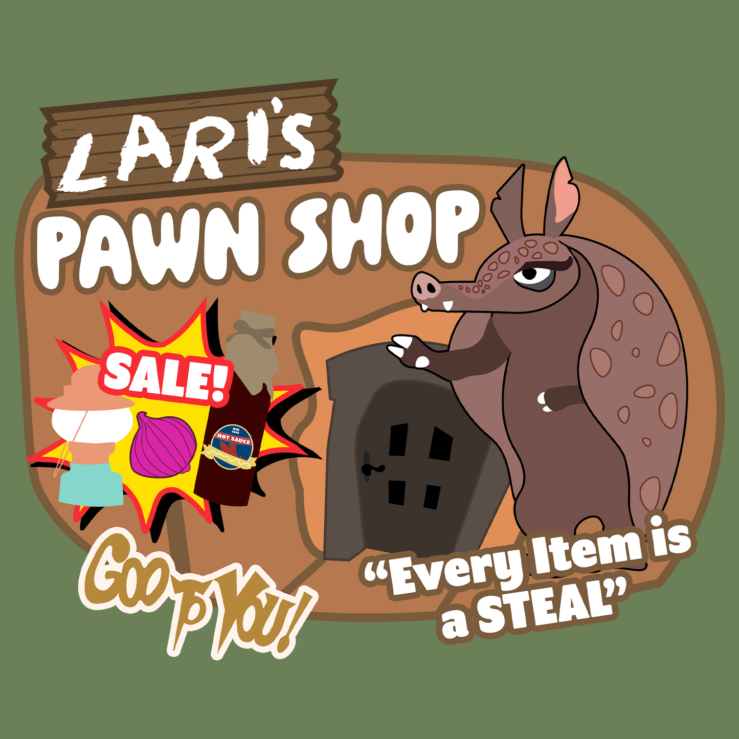 OVERSTOCK: XL "Lari the Armadillo's Bayou Pawn Shop" T-Shirt